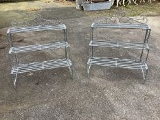 A pair of painted metal three tier pot stands, width 77cm, depth 50cm, height 83cm