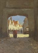 Christiaan Soer (Dutch, 1882-1962), oil on panel, Continental town scene with figure beneath an