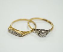 Two early to mid 20th century 18ct, plat and diamond set rings, including graduated five stone,