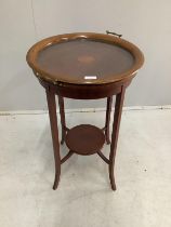 An Edwardian inlaid mahogany circular tray top occasional table, diameter 51cm, height 73cm