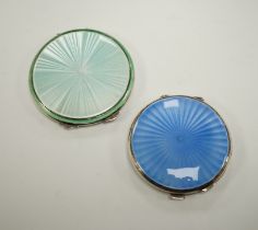 A 1930's blue enamelled silver compact, 63mm and one other unmarked enamelled compact.