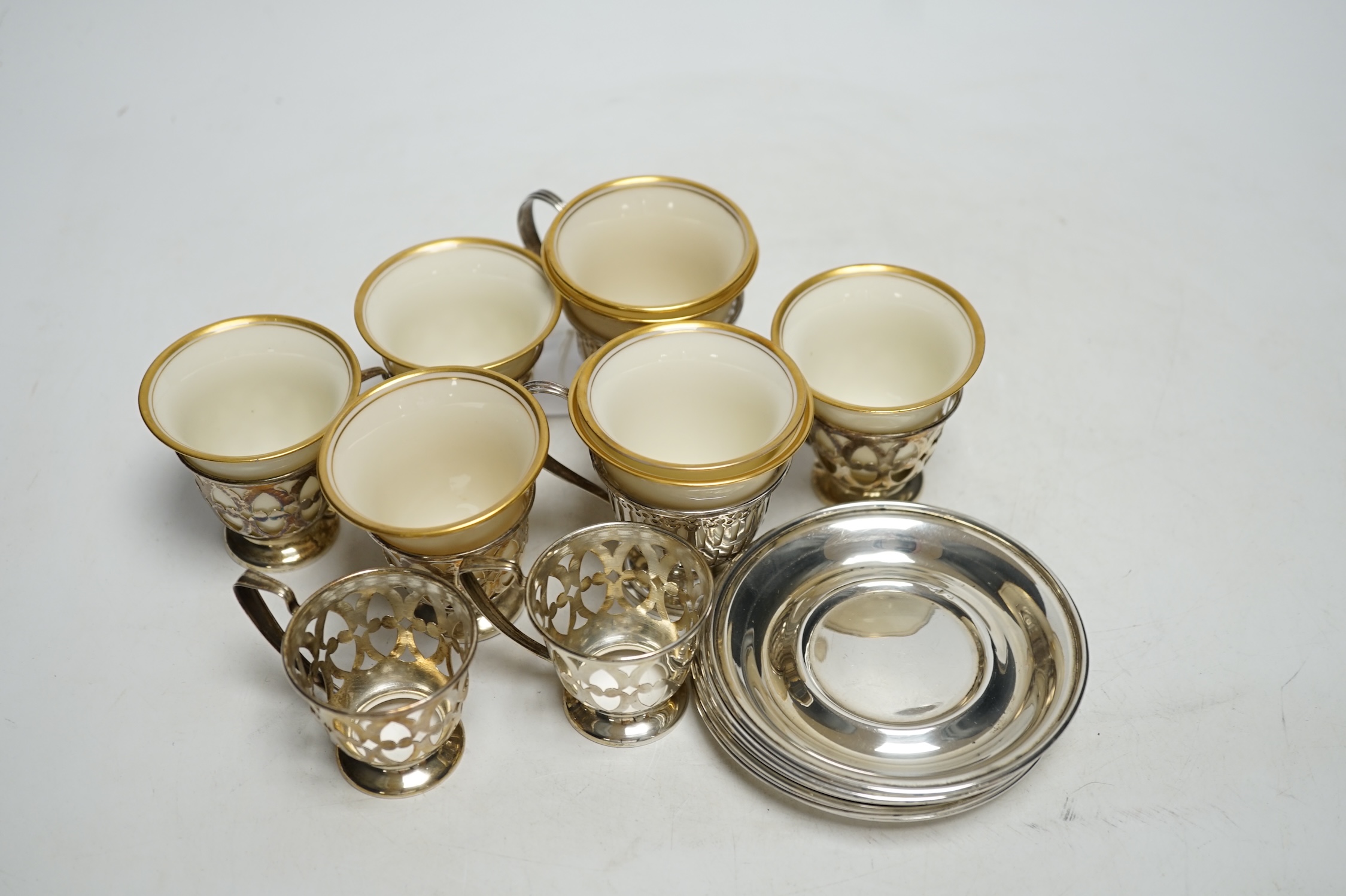 A set of six Limoges Lenox coffee cups with sterling holders and saucers and a pair of larger - Image 2 of 3