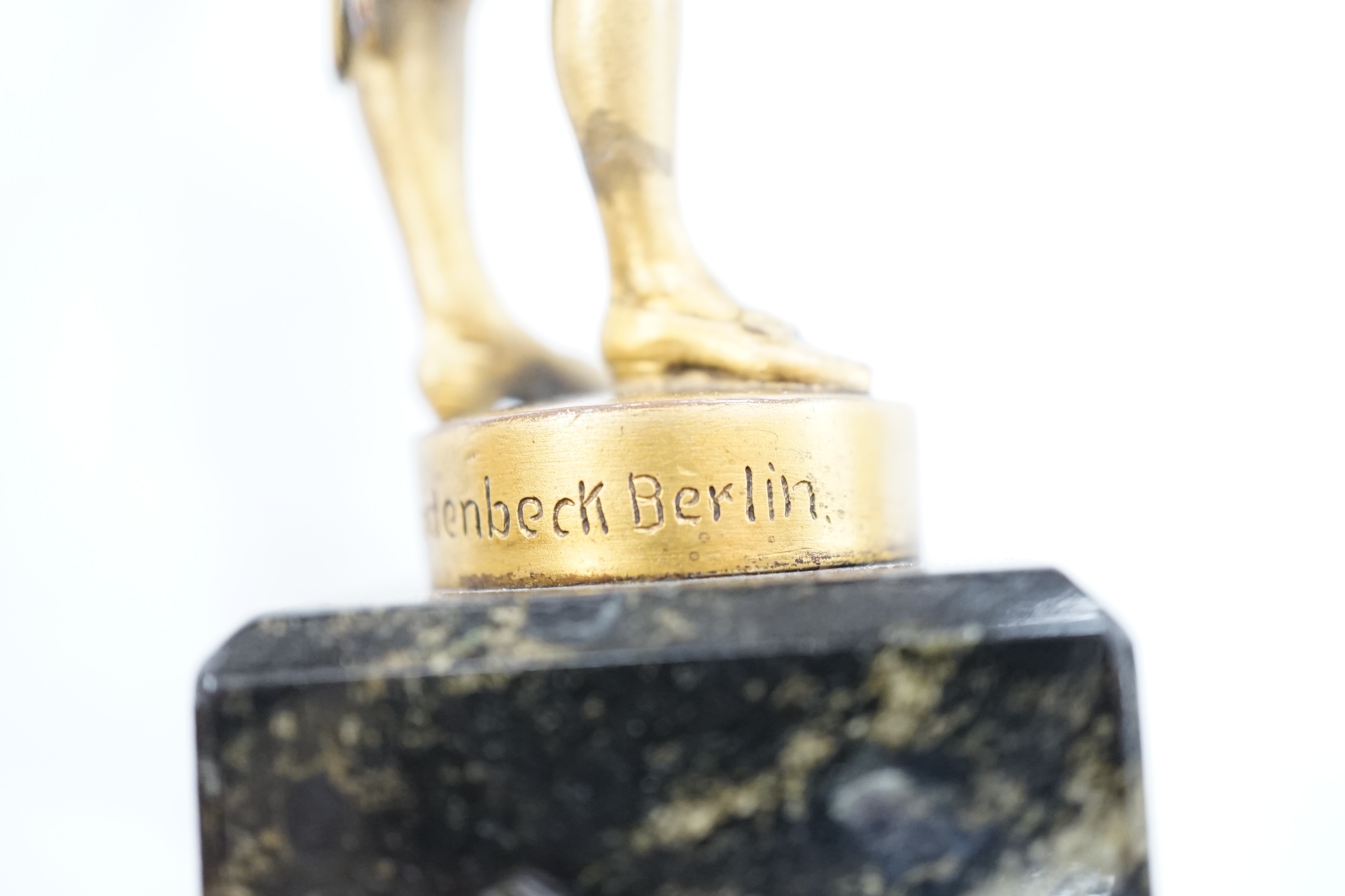 An ormolu bronze of a violinist on a marble base, signed Aktien-Gesellschaft Gladenbeck, Berlin, - Image 7 of 7