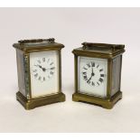 Two brass cased carriage timepieces including a French champleve enamel example with enamel dial,