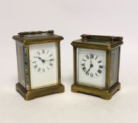 Two brass cased carriage timepieces including a French champleve enamel example with enamel dial,