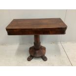 An early Victorian rectangular rosewood folding card table, width 92cm, depth 44cm, height 74cm