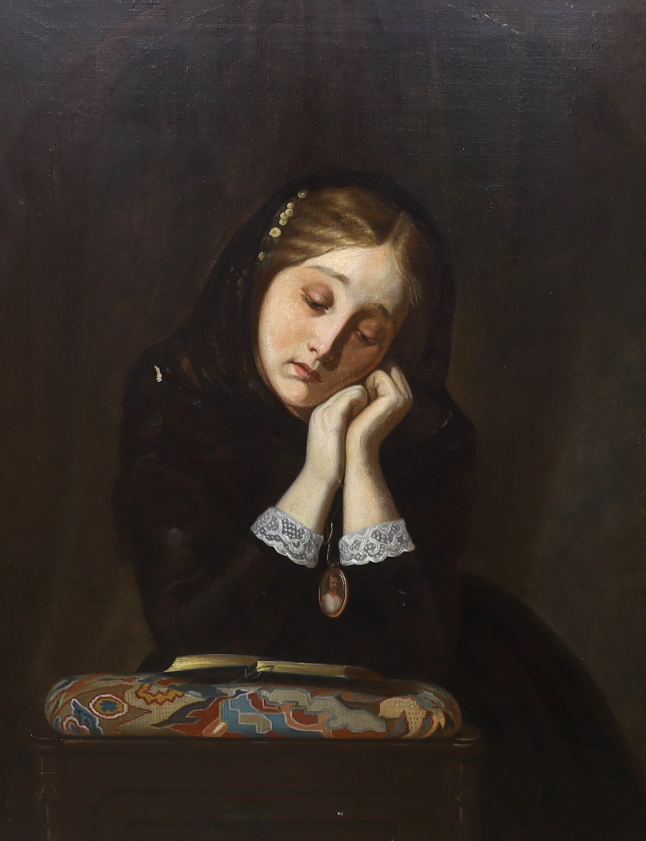 Victorian School, oil on canvas, feigned oval, young woman wearing mourning dress, 86 x 67cm