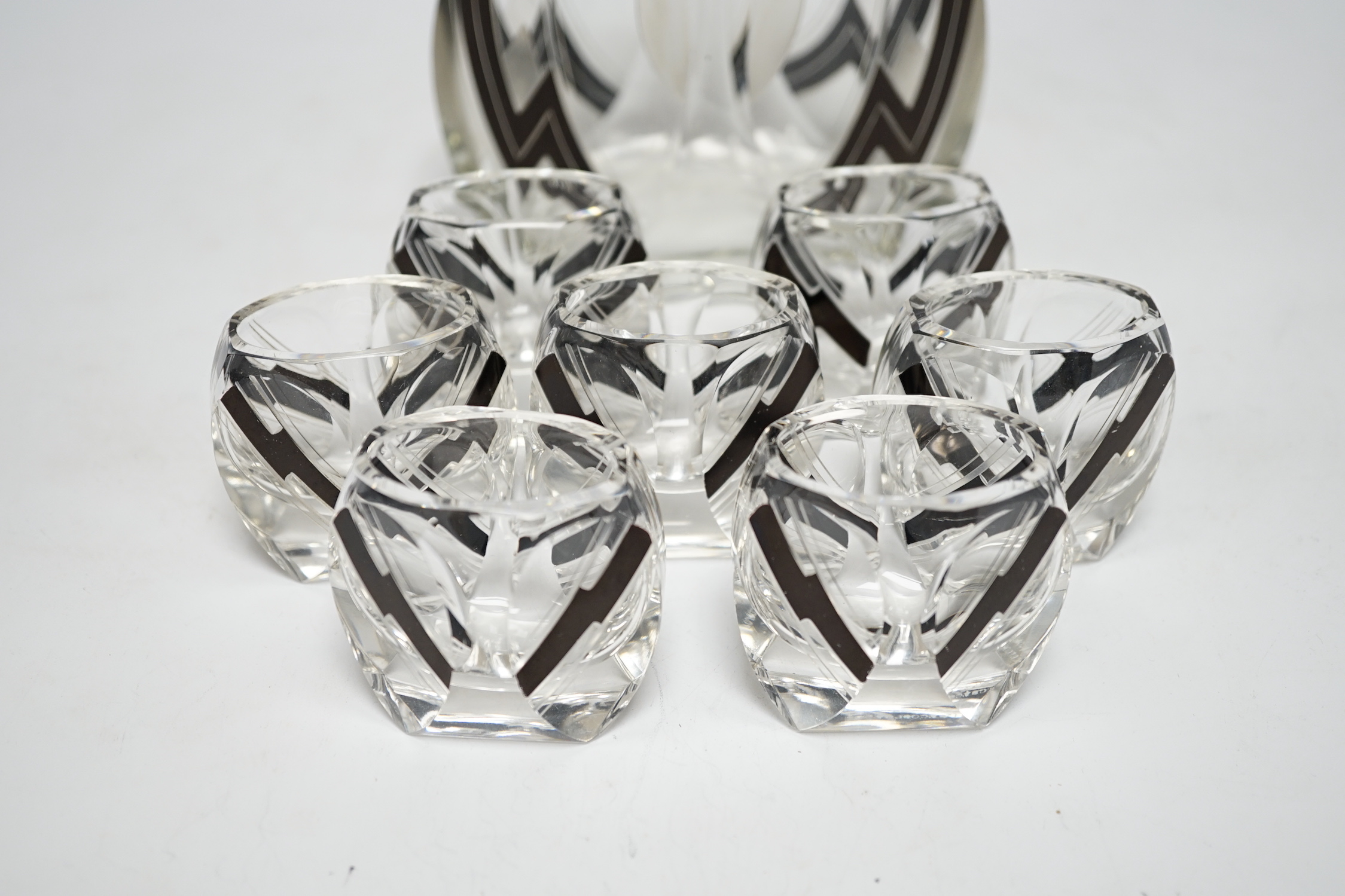 An Art Deco Czechoslovakian glass liqueur set, decanter height 21cm - Image 2 of 8