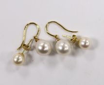 A pair of 18ct gold and cultured pearl and diamond chip set drop earrings and a pair of 18k and