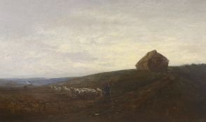 Oil on canvas, Extensive landscape with shepherd and flock of sheep, unsigned, 54 x 90cm