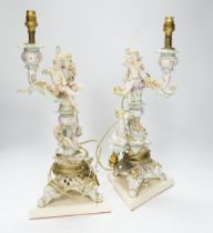 A pair of Sitzendorf floral encrusted porcelain table lamps, 42cm total