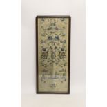 A framed pair of Chinese floral silk embroidered sleeve bands, embroidered with Chinese knot and