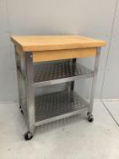 A contemporary beech and steel Cucina three tier kitchen trolley, width 51cm, depth 79cm, height