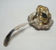 A Dutch white metal soup ladle, 29.5cm and a sterling small dish, 9.3oz.