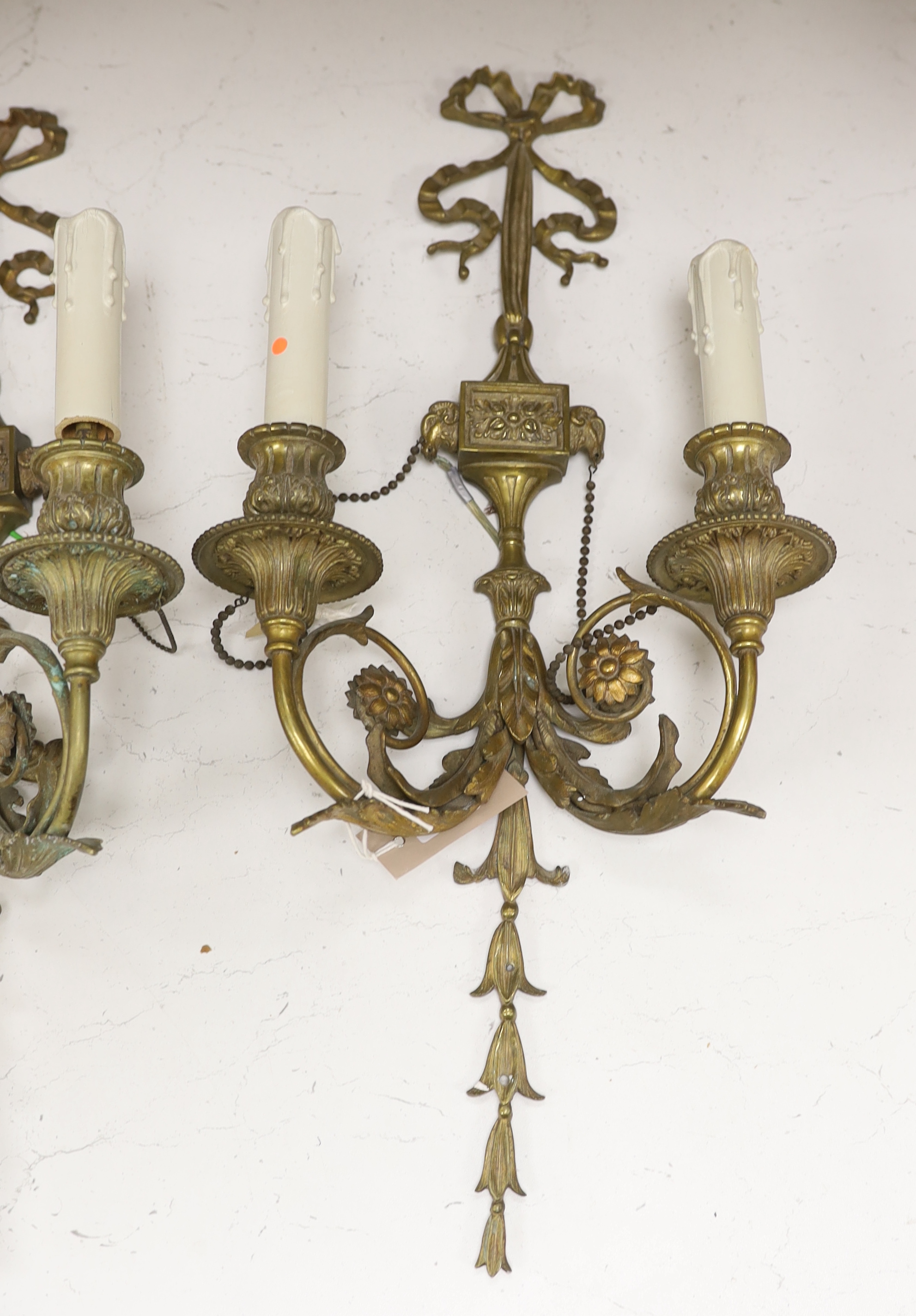 A pair of French Louis XVI style two branch ormolu wall lights, 60cm high - Image 3 of 3