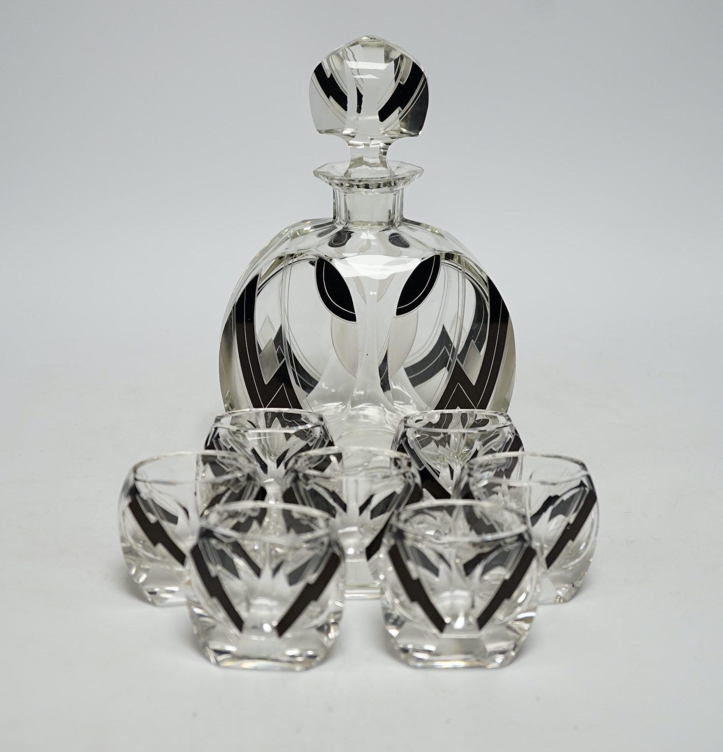 An Art Deco Czechoslovakian glass liqueur set, decanter height 21cm