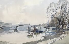 Edward Wesson (1910-1983) watercolour, River landscape with bridge, signed, 32 x 48cm
