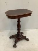 A William IV and later octagonal mahogany occasional table, width 54cm, depth 38cm, height 79cm