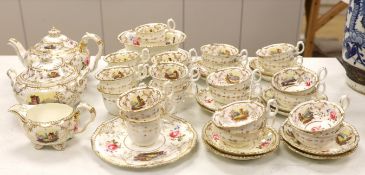 An early 19th century H & R Daniel landscape painted tea and coffee set, including twelve tea cups