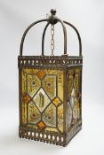 An Edwardian stained glass and brass mounted hall lantern, 53cm high
