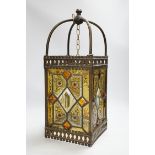 An Edwardian stained glass and brass mounted hall lantern, 53cm high