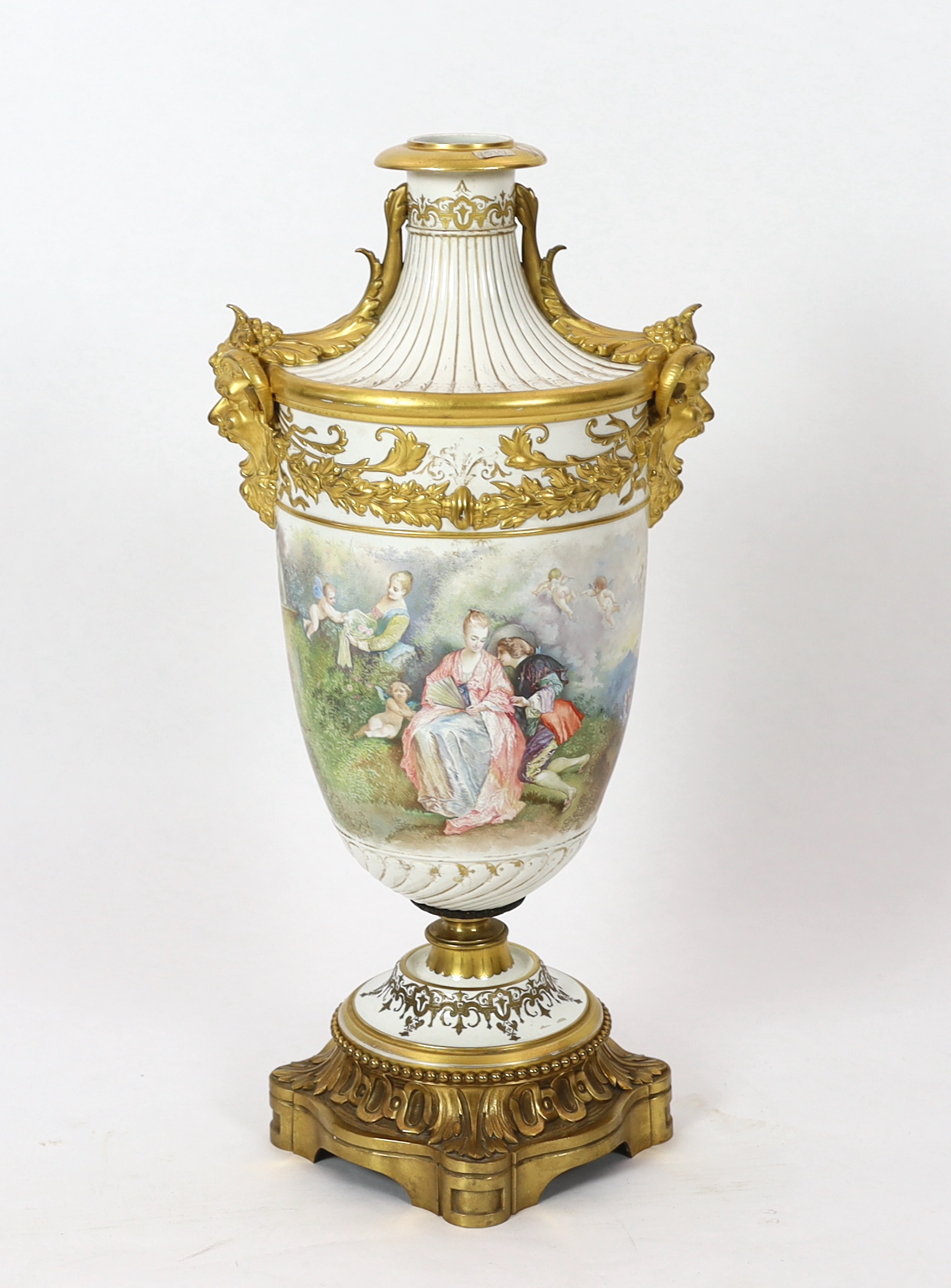 A large French porcelain and ormolu mounted vase, late 19th century, painted with courting couples - Image 3 of 6