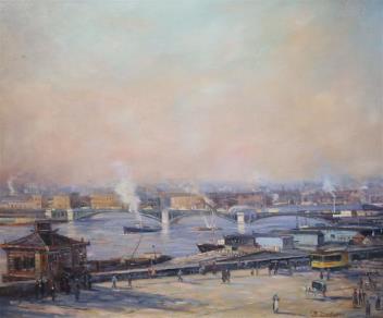 J. Desotta, oil on canvas board, City riverscape, signed, 49 x 59cm