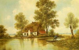 Gerrit Jan Schouten (Belgian, 1815-1878) oil on canvas, River landscape with thatched cottage,