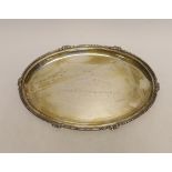 An Indian engraved white metal oval dish, 30.7cm, 10.9oz.