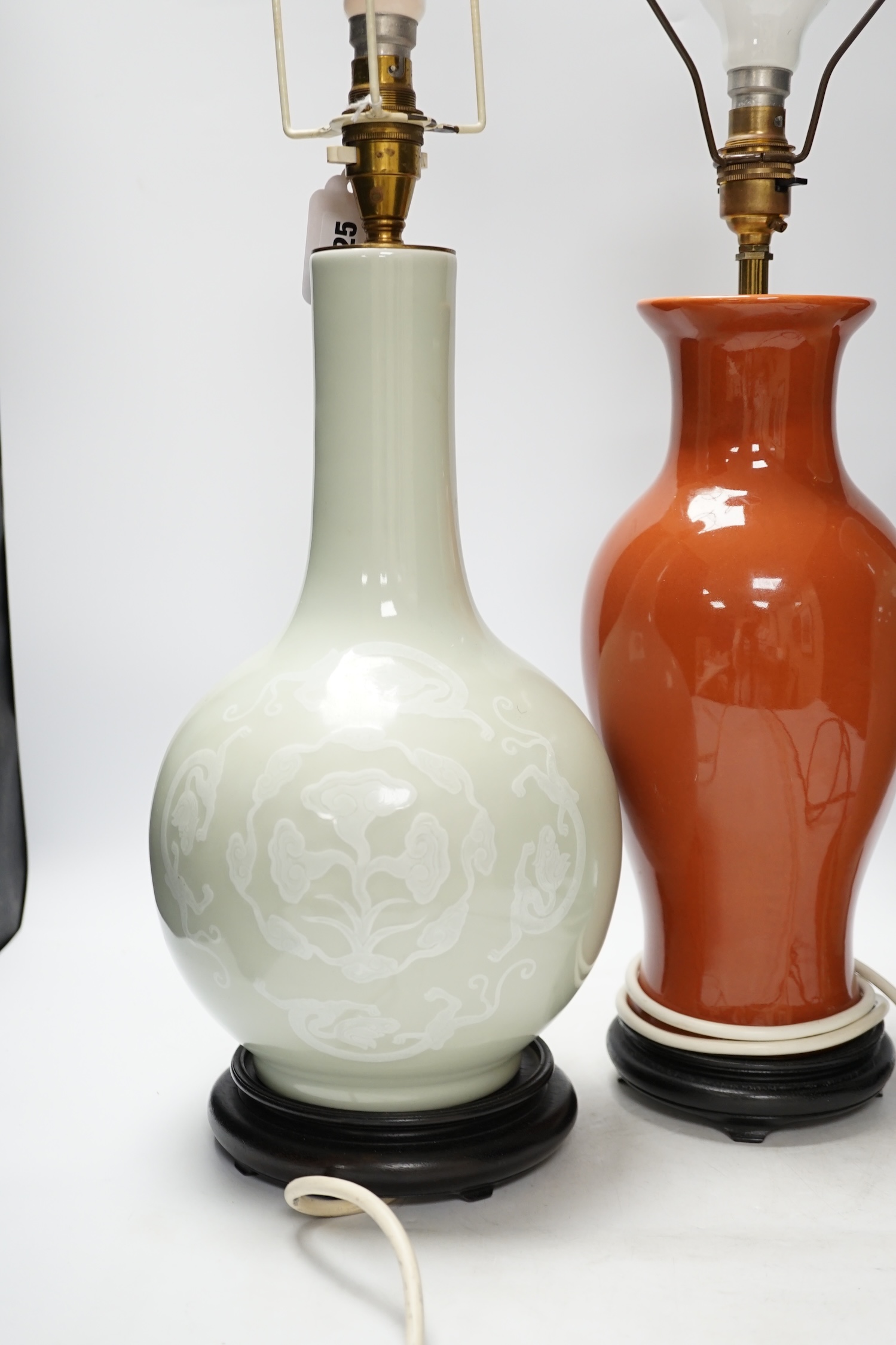 Three Chinese monochrome porcelain lamp bases, 20th century, tallest 38cm high - Image 3 of 5