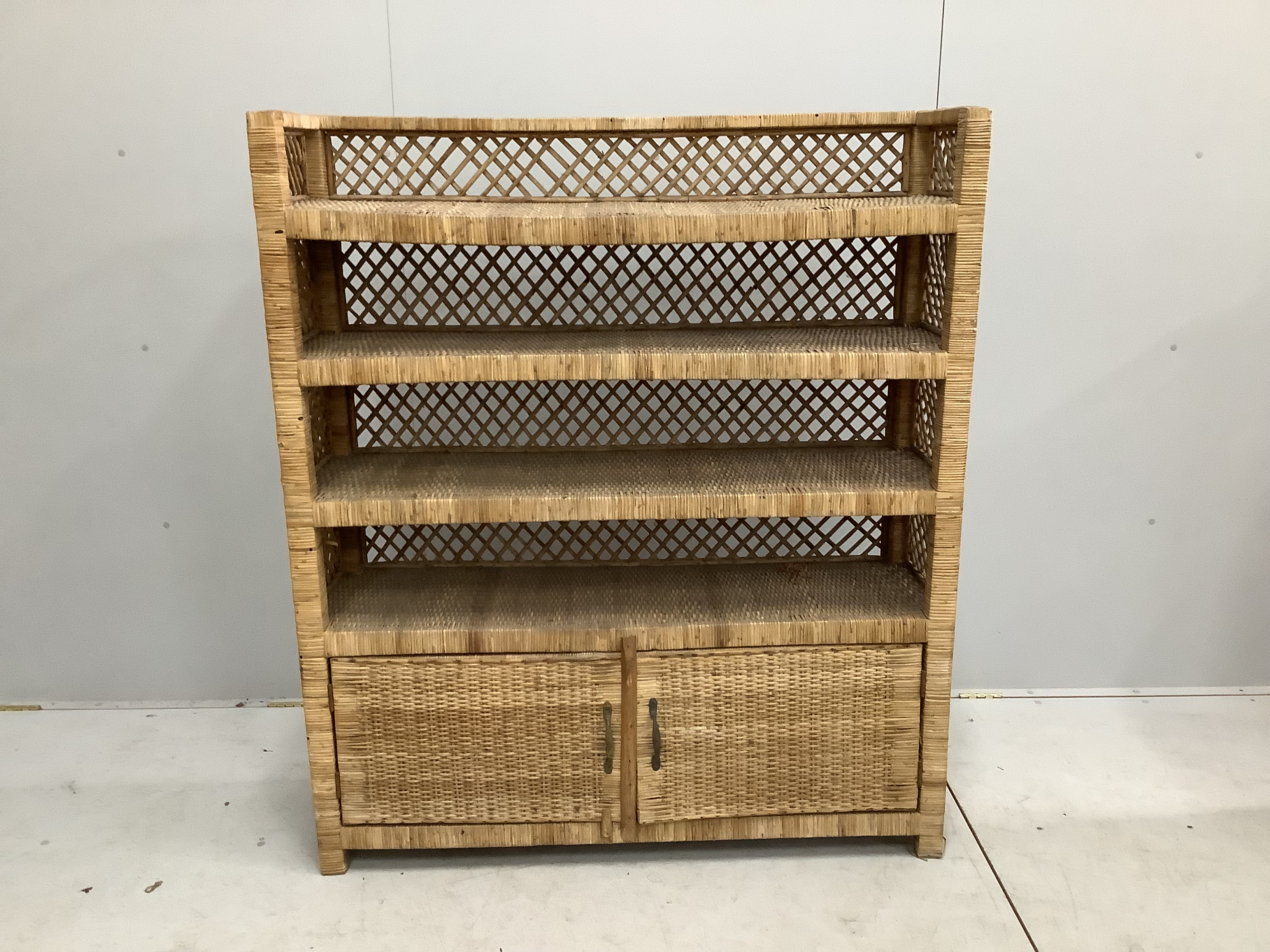 A wicker four tier shelf unit, width 121cm, depth 36cm, height 140cm, together with a wicker eight - Image 2 of 3