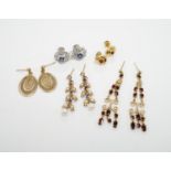 Three pairs of assorted 9ct gold earrings including two gem set, a pair of white metal (stamped