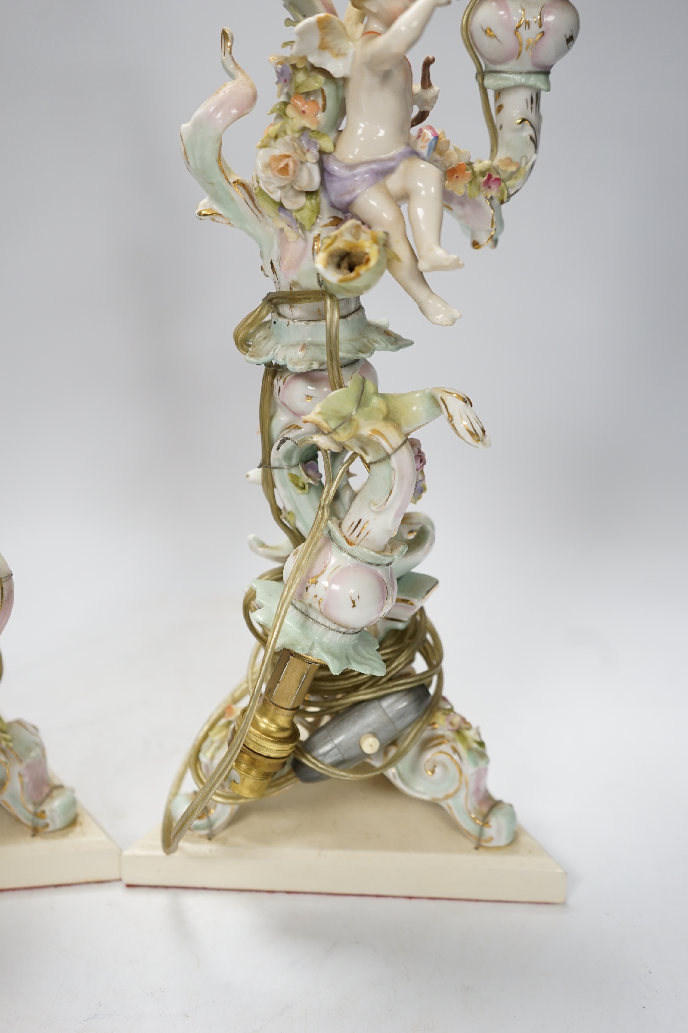 A pair of Sitzendorf floral encrusted porcelain table lamps, 42cm total - Image 5 of 5