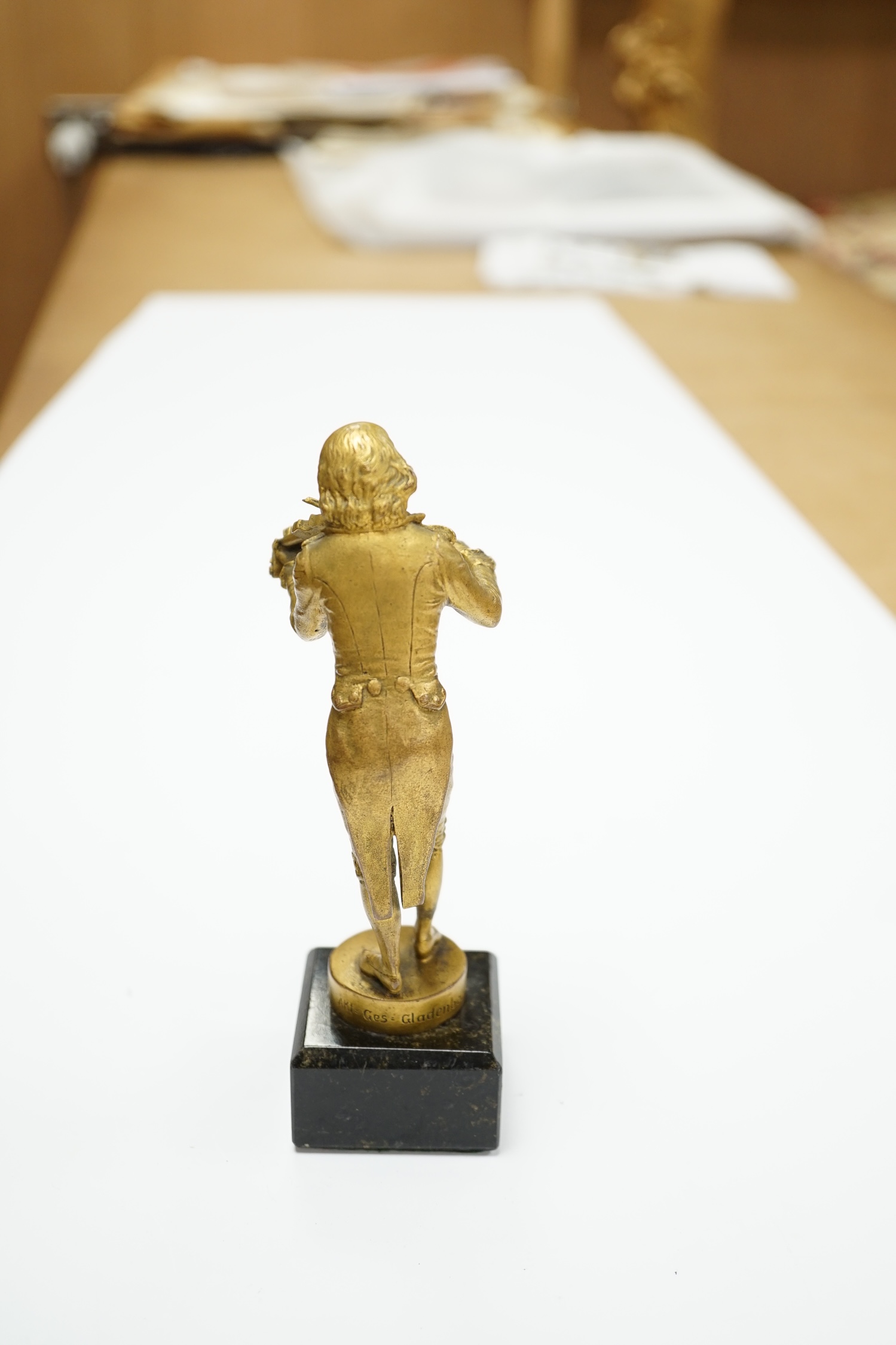 An ormolu bronze of a violinist on a marble base, signed Aktien-Gesellschaft Gladenbeck, Berlin, - Image 3 of 7