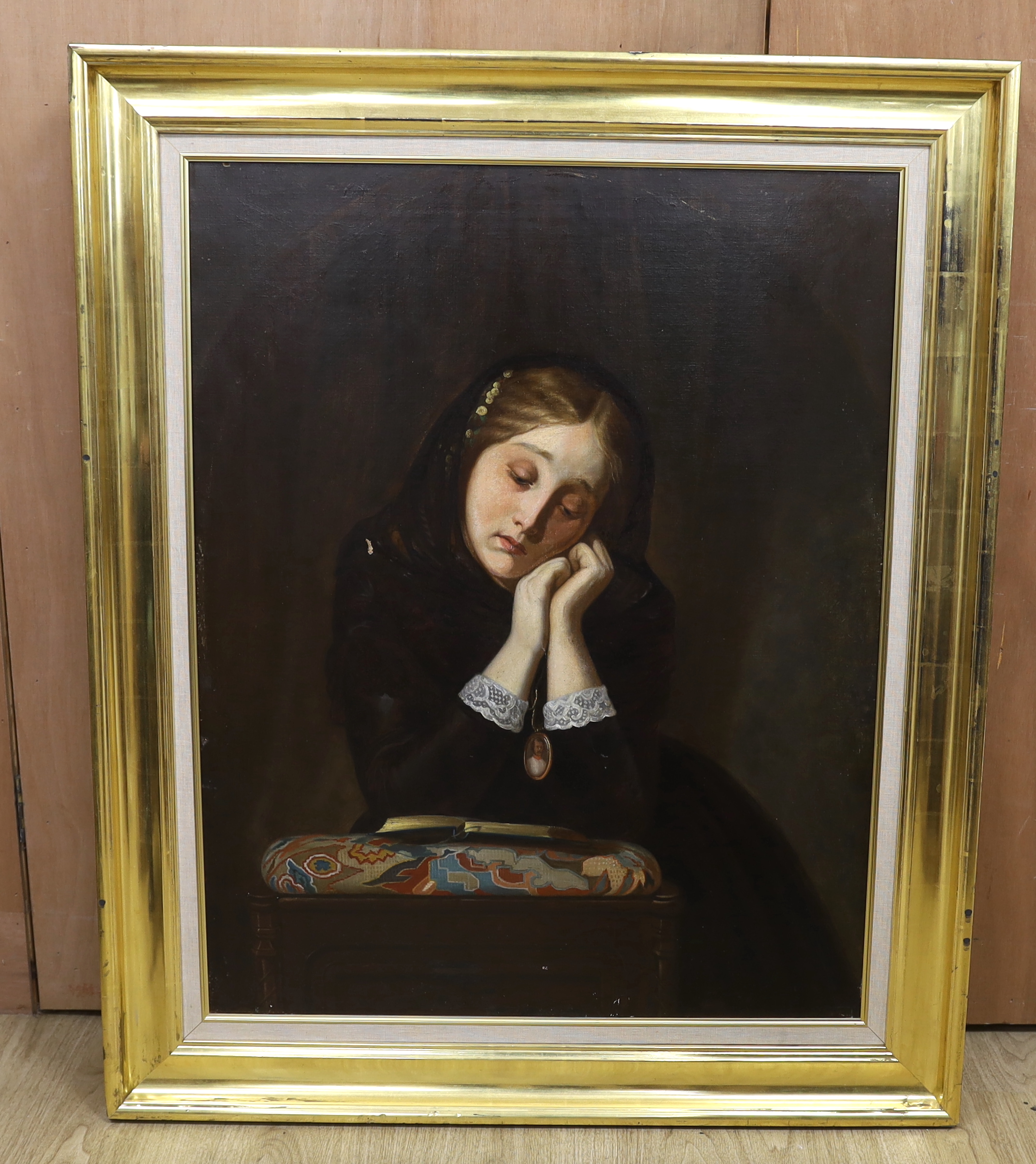 Victorian School, oil on canvas, feigned oval, young woman wearing mourning dress, 86 x 67cm - Image 2 of 3