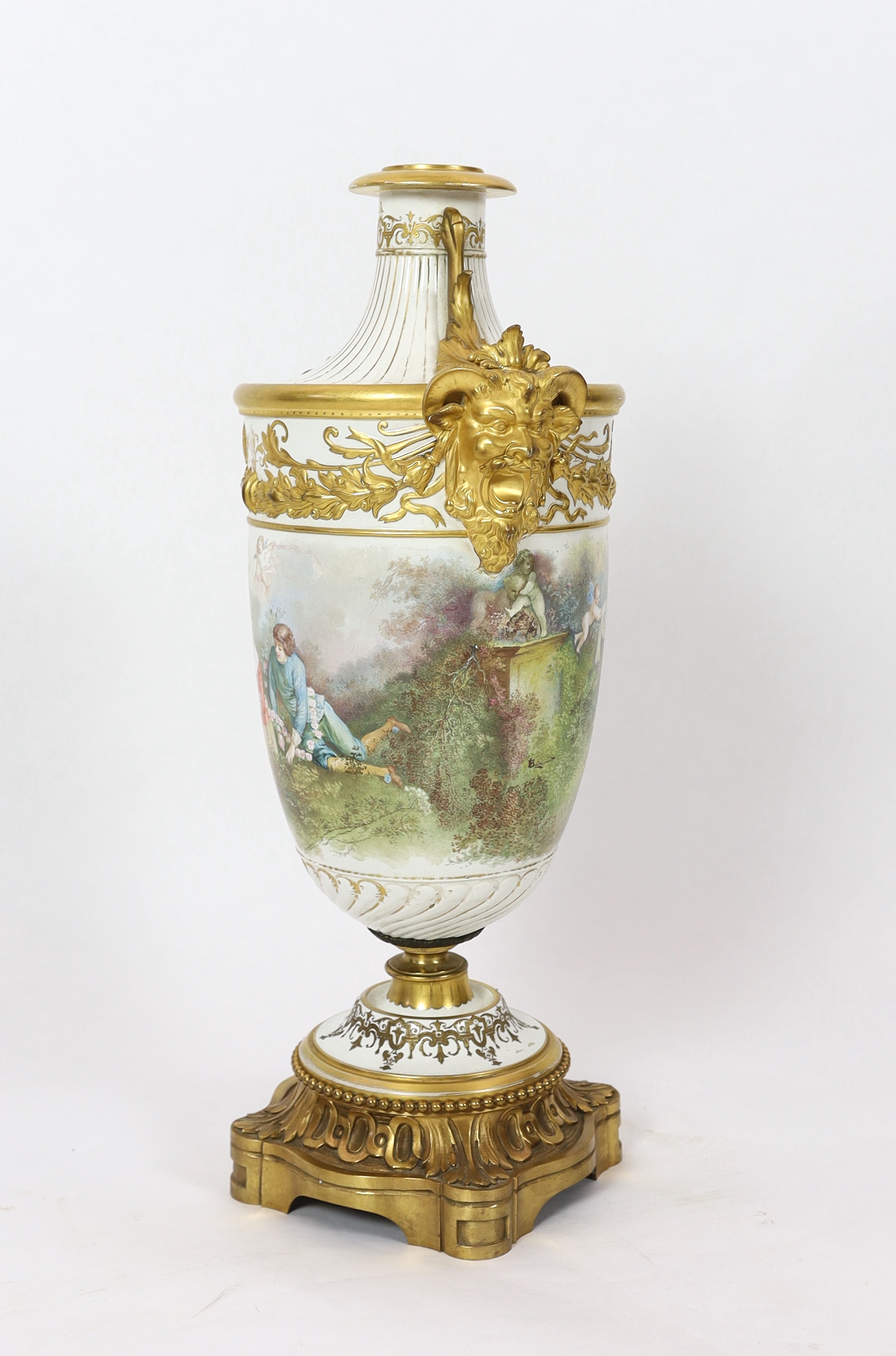 A large French porcelain and ormolu mounted vase, late 19th century, painted with courting couples - Image 5 of 6