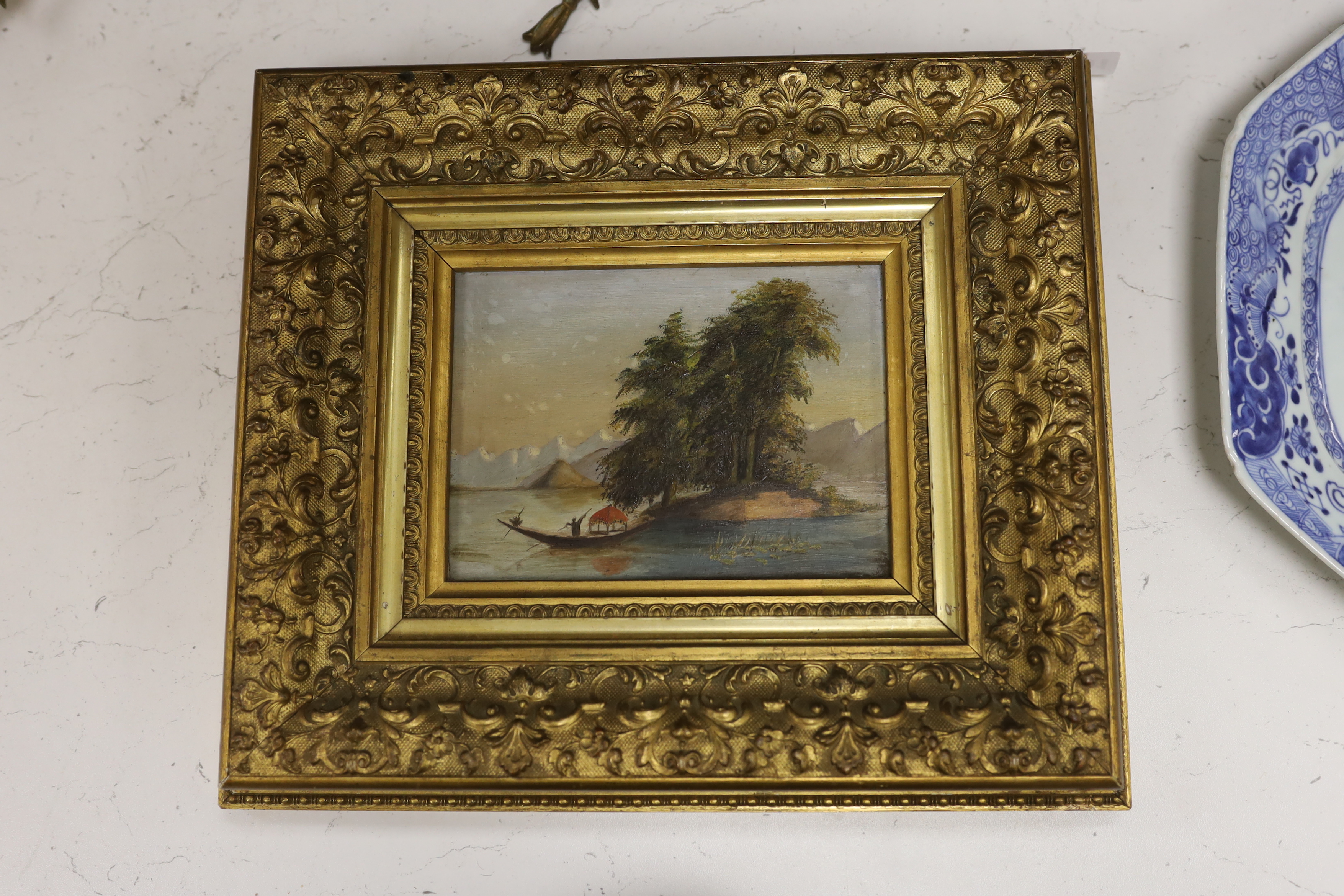 Eastern School, oil on board, Landscape with figure and boat, 12 x 17cm, ornate gilt frame - Image 2 of 2