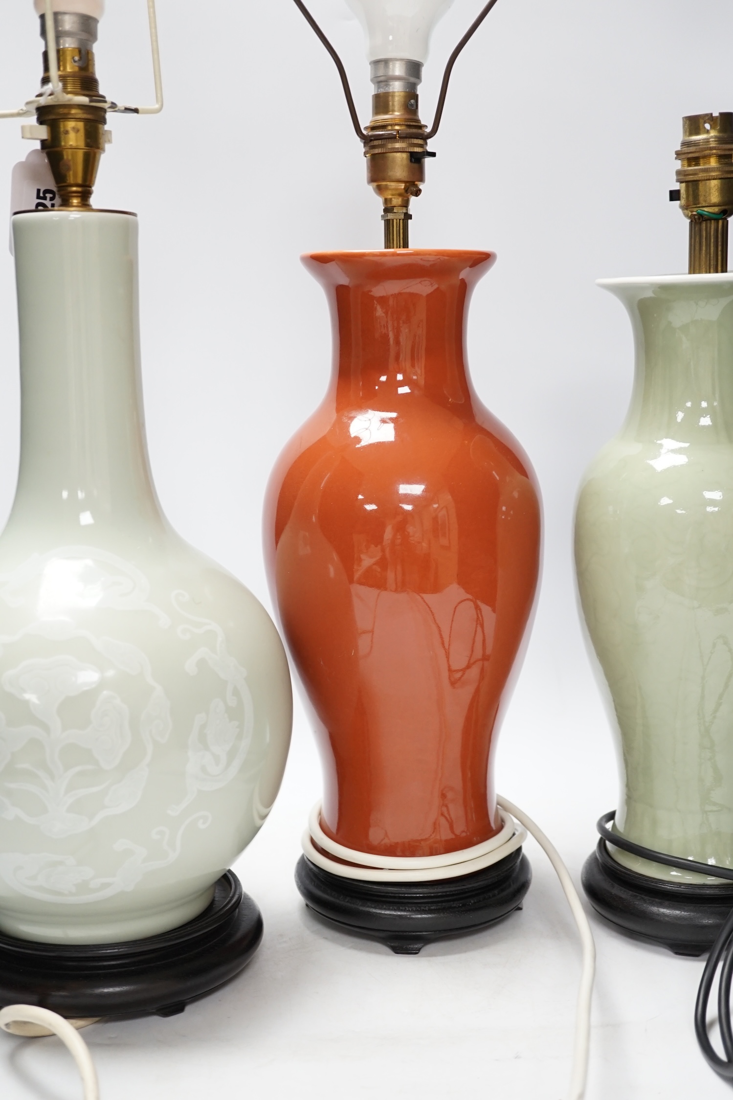 Three Chinese monochrome porcelain lamp bases, 20th century, tallest 38cm high - Image 4 of 5