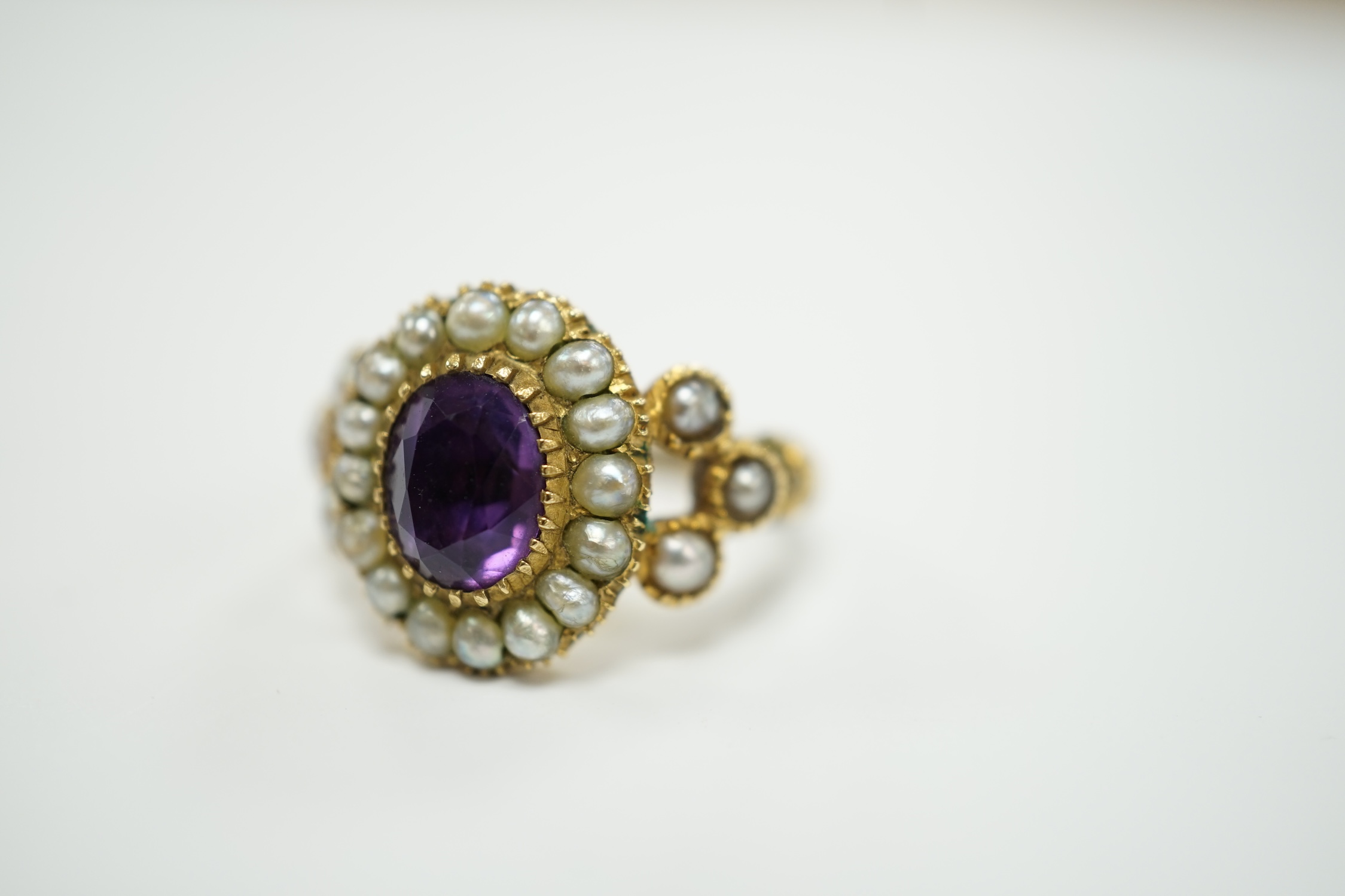 A Victorian yellow metal seed pearl and amethyst set oval cluster ring, size L, gross weight 3.7 - Image 2 of 4