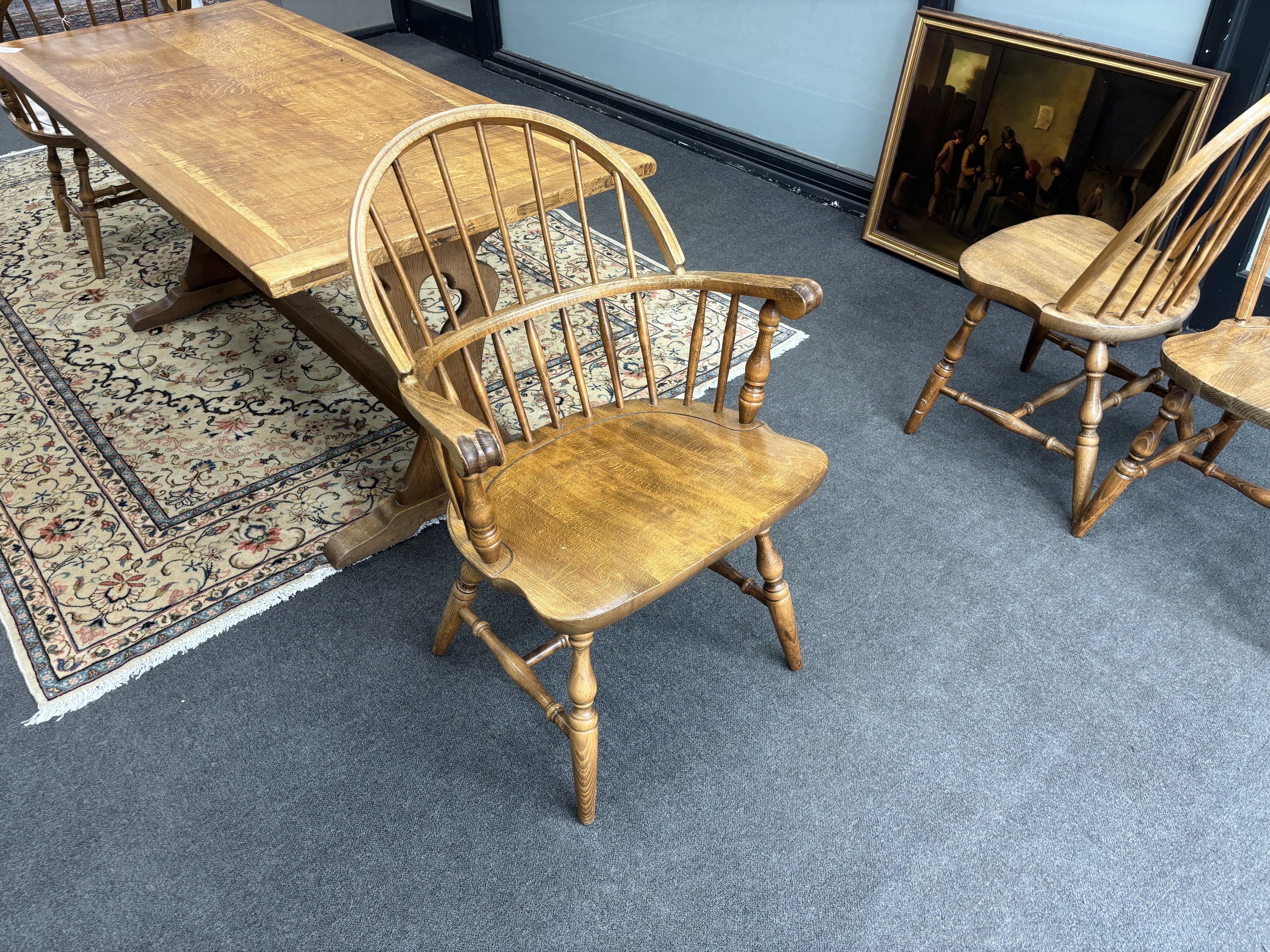 A set of six reproduction Windsor beech comb back dining chairs, two with arms - Image 2 of 4