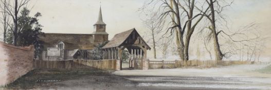 Alan Ingham (1932-2002), watercolour, ‘Blackmore Church, Essex’, signed, 25 x 73cm