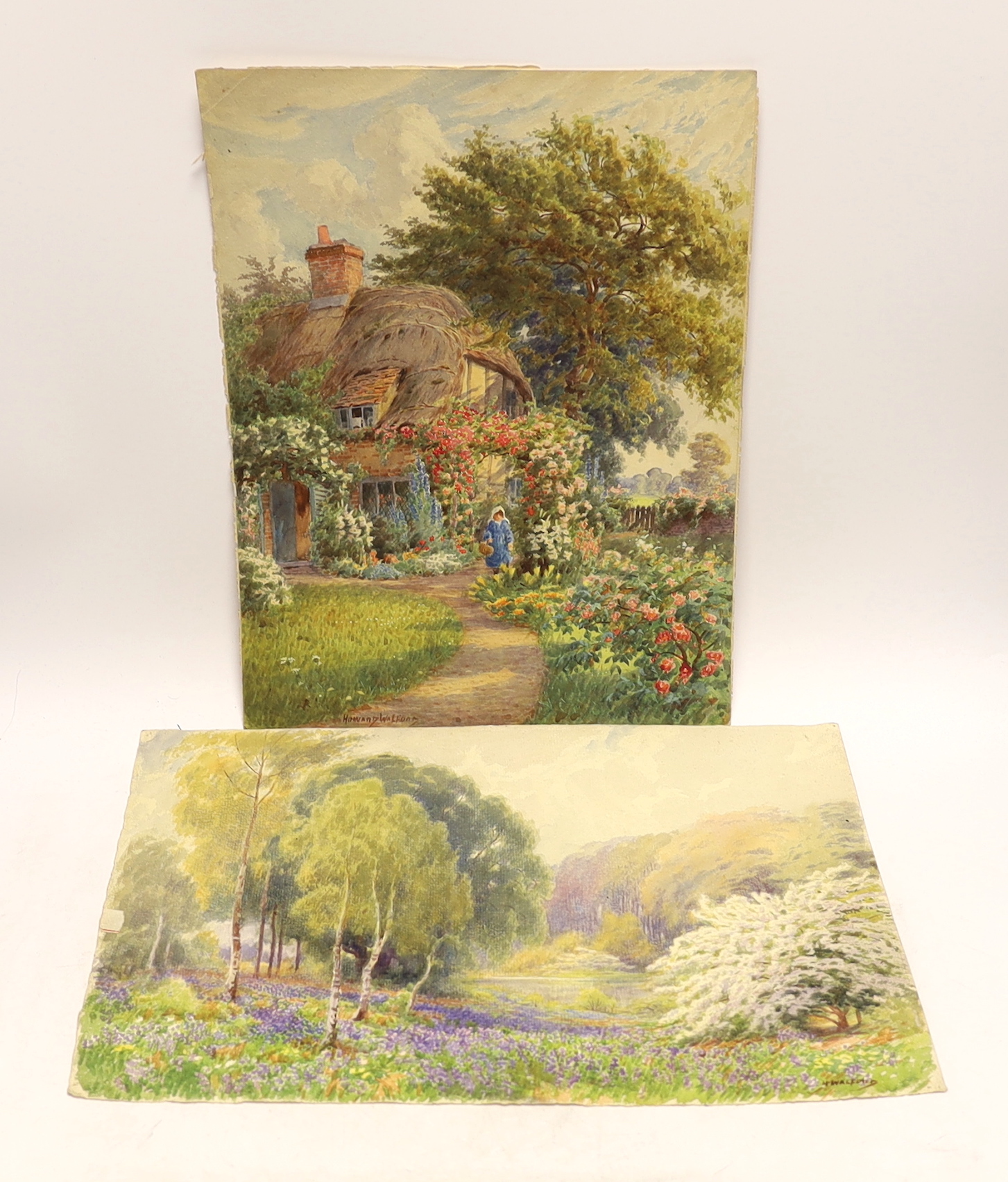 Howard Walford (1864-1950) two watercolours on card, ‘Cottage garden’ & ‘The Bluebell Valley’,