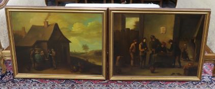 Dutch School, pair of oils on canvas, Tavern scene and Pastoral landscape, each with Galleria D'Arte