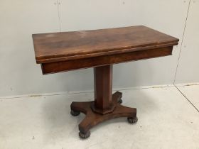 An early Victorian rectangular mahogany folding card table, width 92cm, depth 45cm, height 74cm