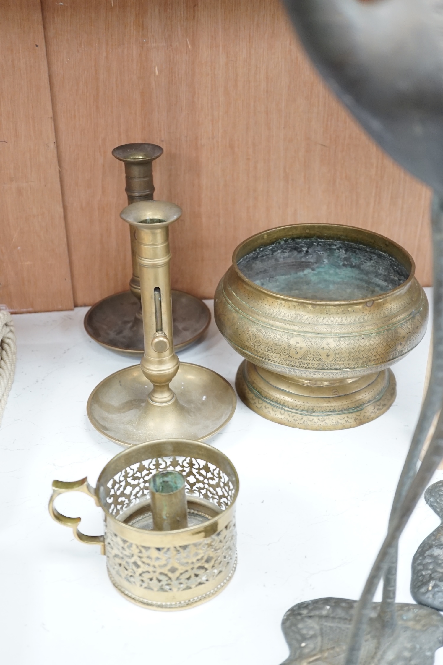 A pair of brass cranes, a pair of brass chamber sticks another chamberstick and a bowl, tallest 53cm - Image 5 of 6