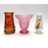 A Mdina vase, 16.5cm, a pink bell vase engraved ‘Made in France and an opalescent vase (3)