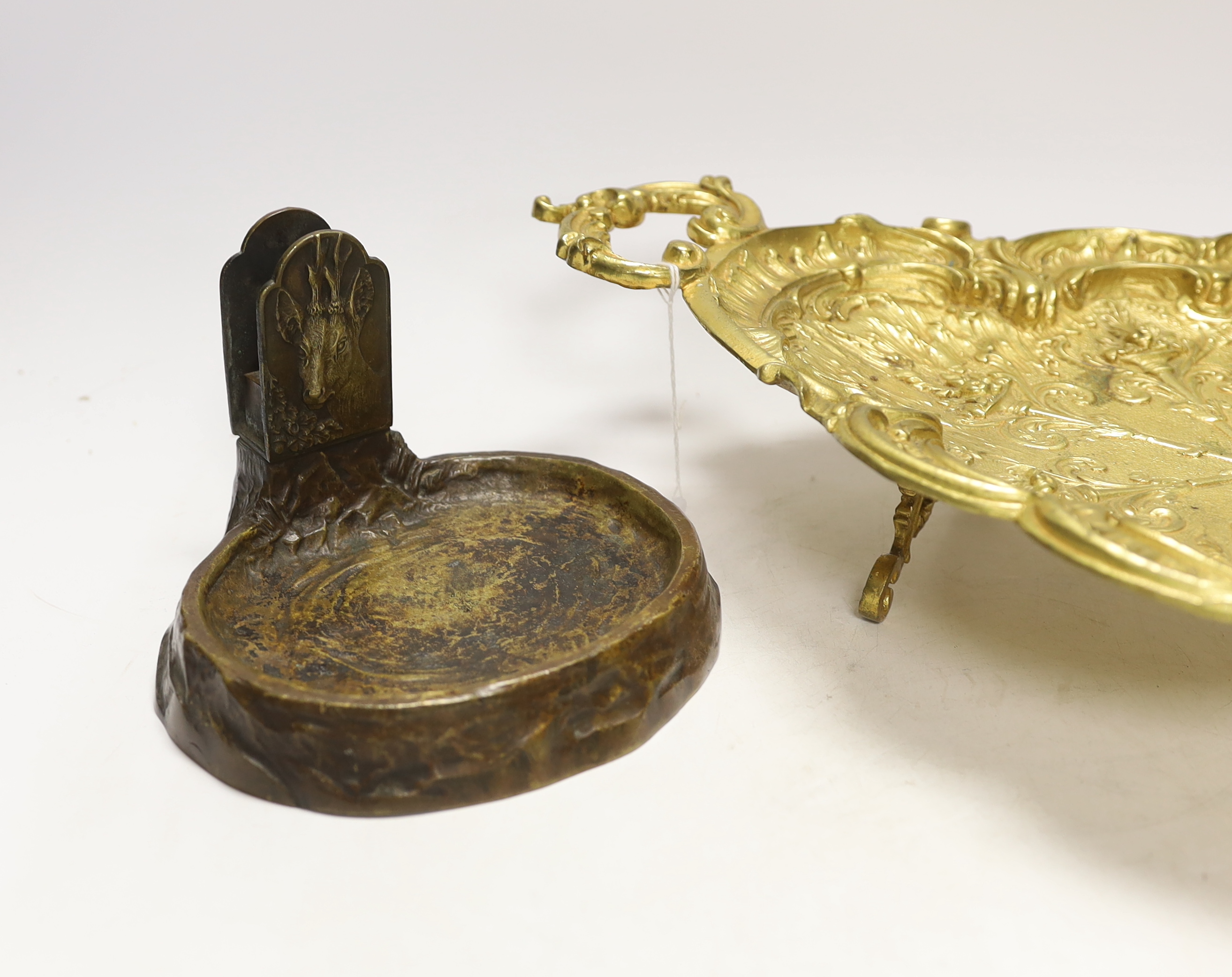 A gilt metal oval dish with twin handles and match tray, 43cm wide - Image 2 of 6