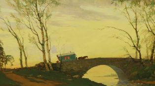 George Davidson (Polish/American, 1889-1965), naive oil on canvas, Gypsy wagon and figures