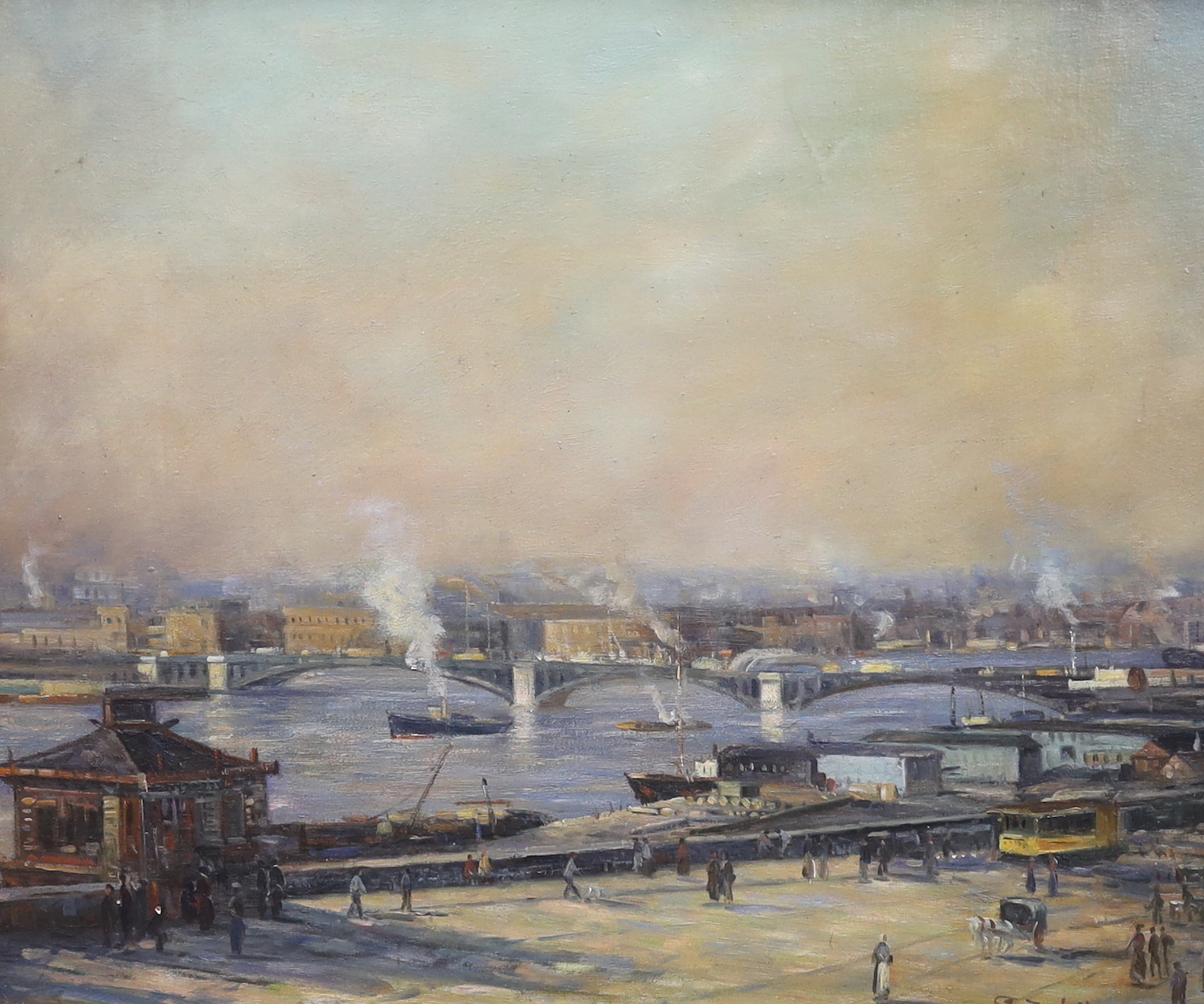 J. Desotta, oil on canvas board, City riverscape, signed, 49 x 59cm - Image 3 of 6