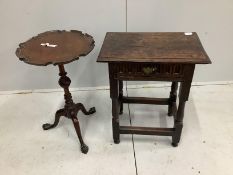 A 17th century style rectangular oak occasional table, width 51cm, depth 35cm, height 63cm, together